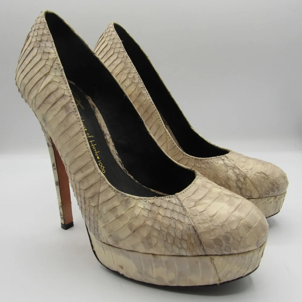 House of Harlow 1960 Platform Pumps Women's 37.5 Beige Snakeskin Embossed